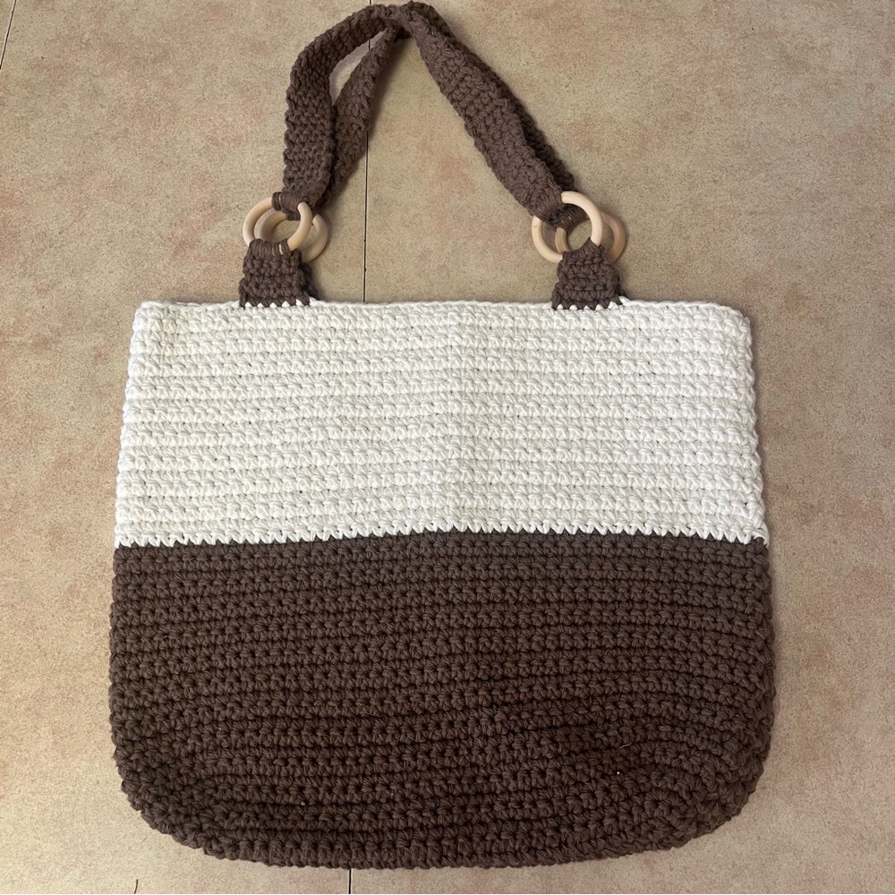 New Handcrafted Crochet Brown & Ivory Tote Bag